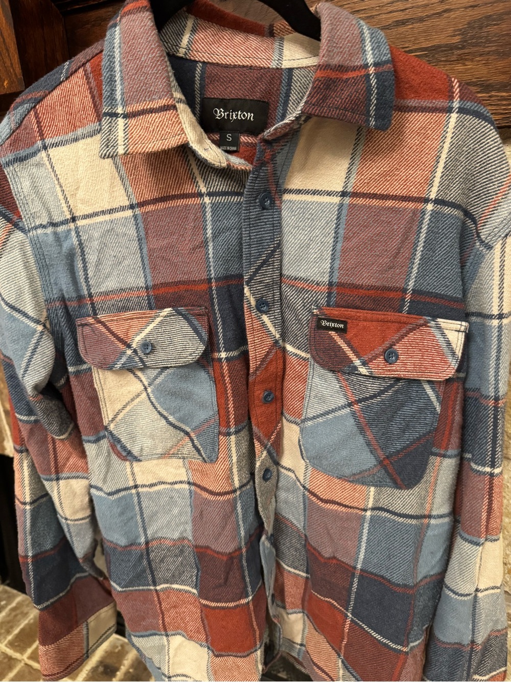 Brixton Bowery Flannel Shirt Mens S Rust Blue Plaid Heavyweight Skate